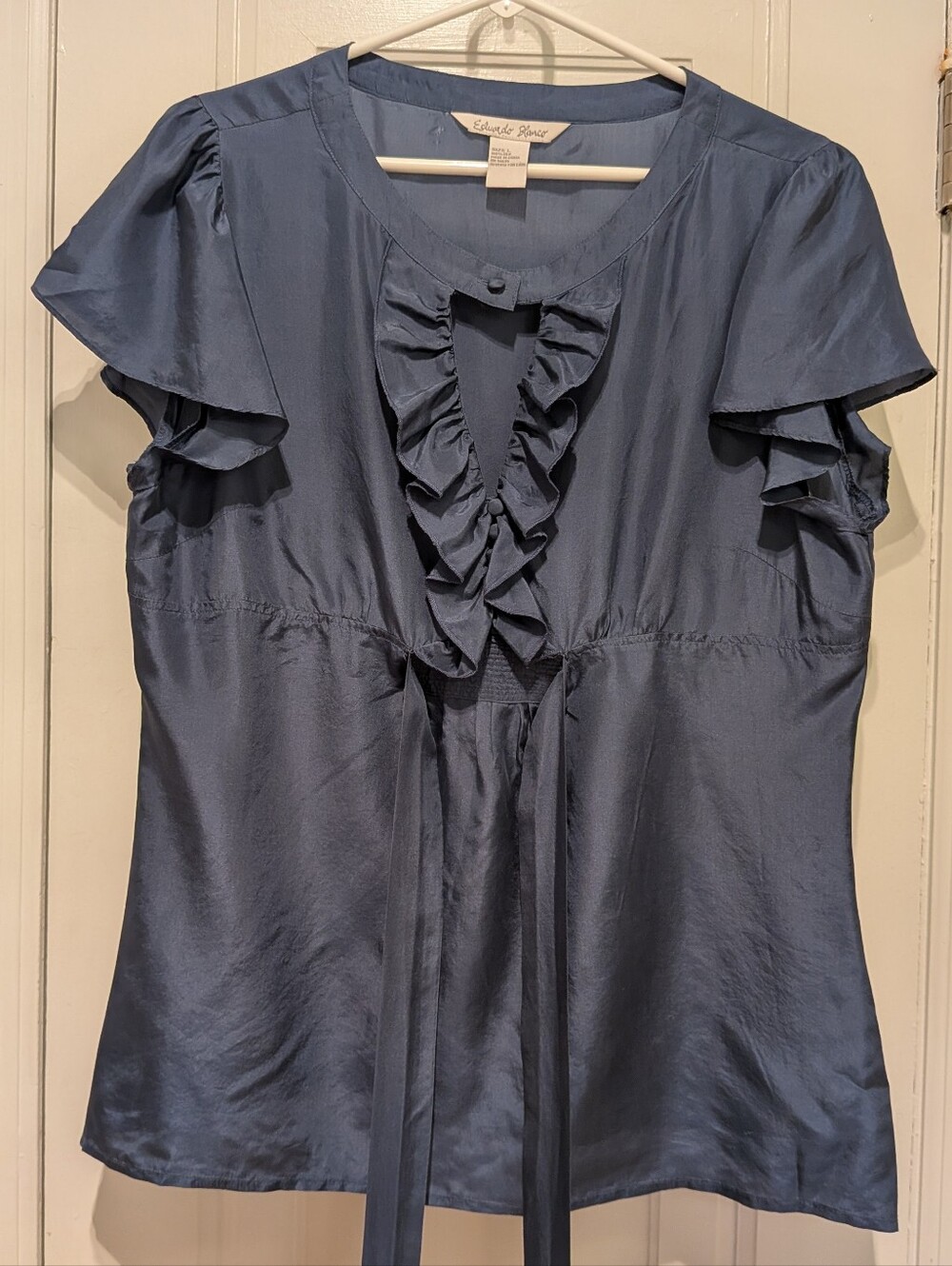 Eduardo Blanco 100% Silk Blue Ruffle Tie-Front Blouse